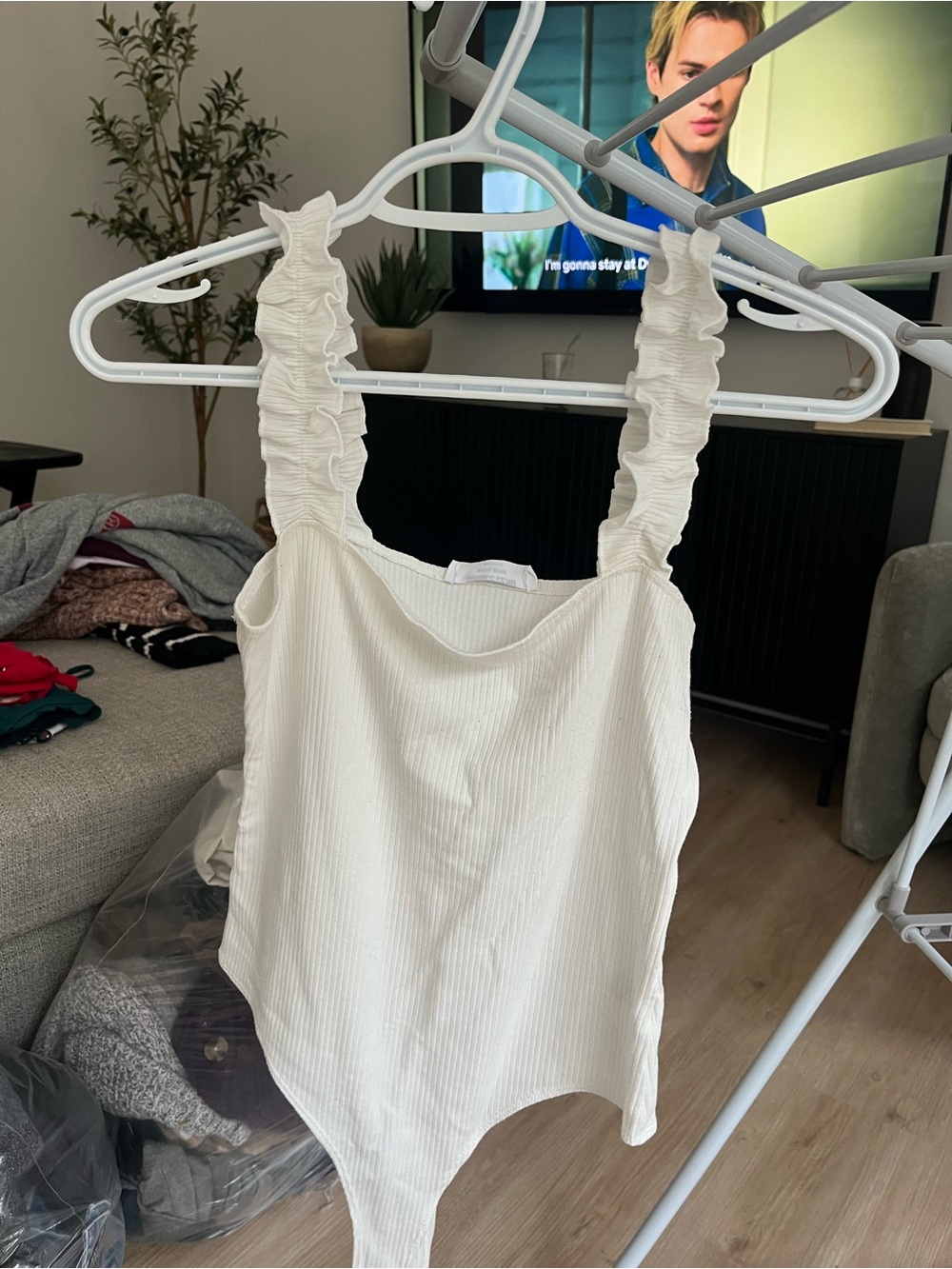 Women’s White Ruffled-Strap Bodysuit